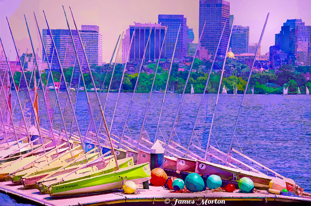 MIT Sailing Pavilion looking across Charles River in Cambridge Massachusetts to the Beacon Hill Skyline in Boston, Massachusetts. Original Digigraph Print by James Morton.