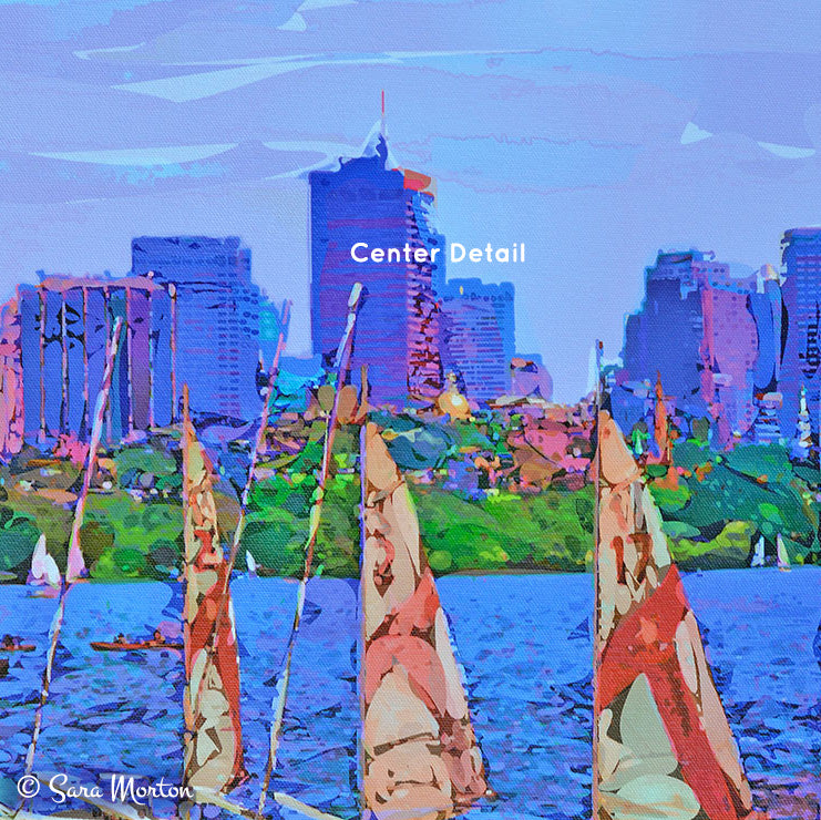 Colorful abstract painting of a Boston skyline with sailboats on water. Close-up detail of canvas print.