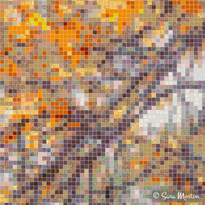Close-up detail of glass tile mosaic squares showing intricate texture and glistening color variation in orange, amber, and brown tones that form the autumn tree artwork
