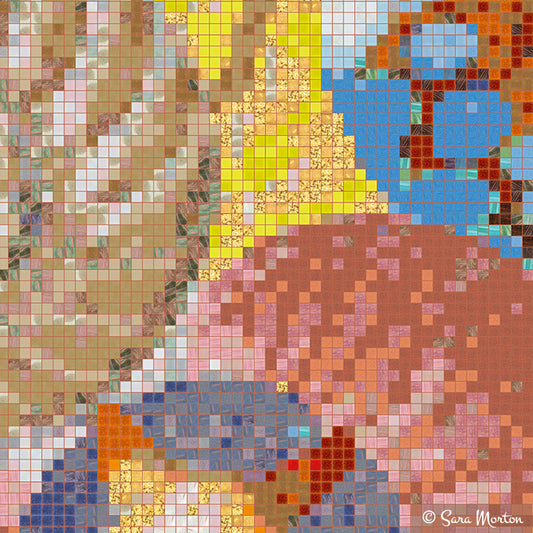 Close-up detail of nautilus star mosaic showing intricate seashell and starfish patterns with golden highlights