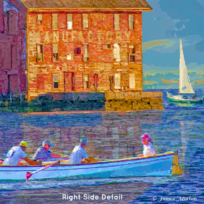 Close-up of rowers gliding through harbor near the Old Tar and Wonson Paint Factory, with a sailboat in cool blue water and warm sunset reflections.