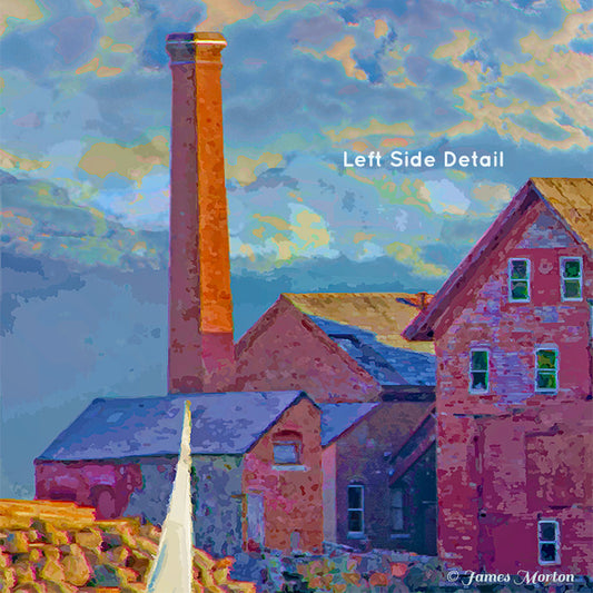 Close-up of the brick-red paint factory building and chimney glowing in sunset light, with sailboat and clouds in the background.