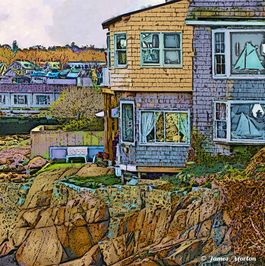 Close-up of Old Stone Fort site digital woodcut showing rocky granite ledge, building windows, distant Tuna Wharf, and autumn trees in Rockport MA