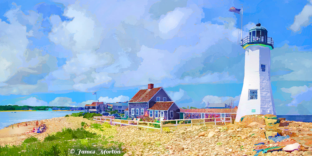 Art Print of Scituate Lighthouse in Massachusetts by Artist James Morton , Original Digigraph Print. Features the full span of the open beach surrounding the lighthouse and a blue sky with clouds.