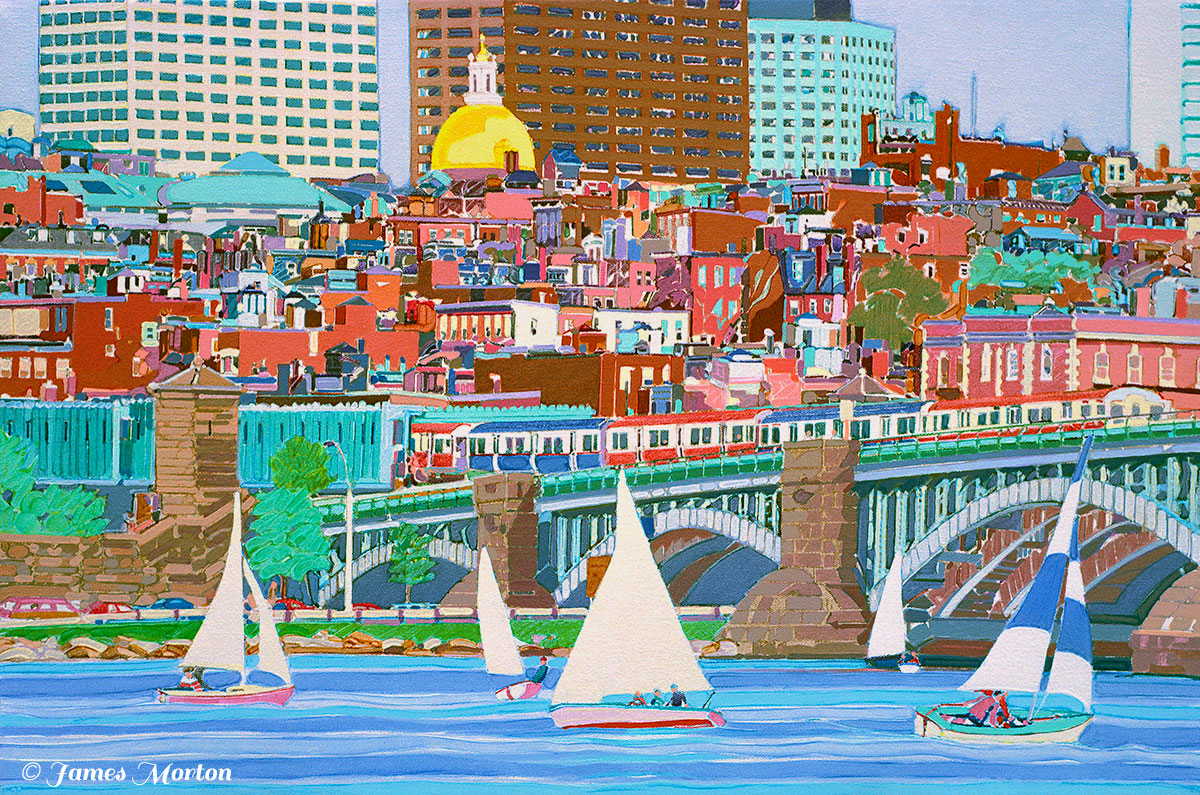 Boston Skyline Art Print Painting of Beacon Hill Neighborhood with State House Dome. MBTA Trains ride over the Longfellow Bridge with Sailboats gliding on the Charles River.