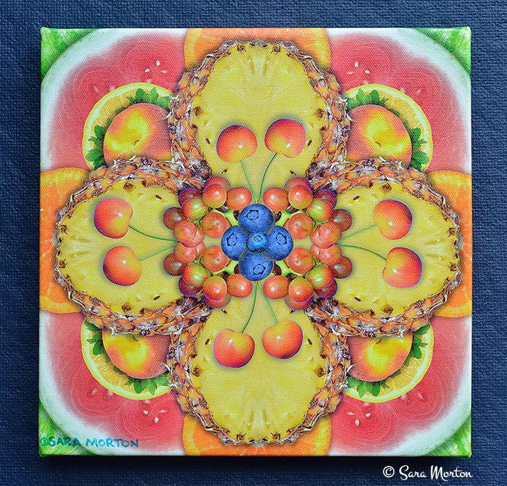 Pineapple Kaleidoscope Fruit Collage Art Print - 10in x 10in Canvas Print Stretched- Ready to Ship