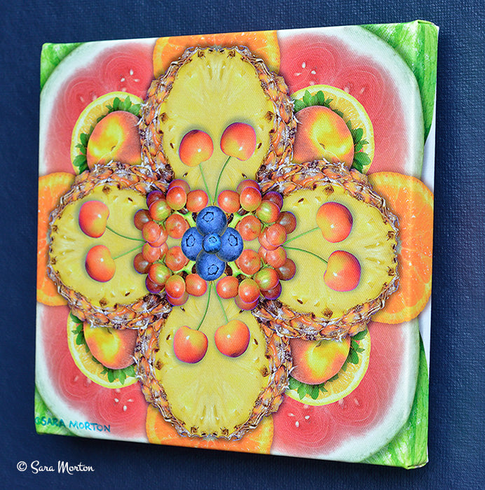 Pineapple Kaleidoscope Fruit Collage Art Print - 10in x 10in Canvas Print Stretched- Ready to Ship