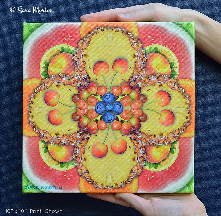 Pineapple Kaleidoscope Fruit Collage Art Print - 10in x 10in Canvas Print Stretched- Ready to Ship