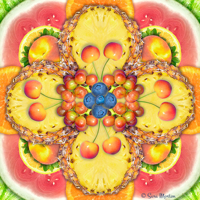 Pineapple Kaleidoscope Fruit Collage Art Print - 10in x 10in Canvas Print Stretched- Ready to Ship
