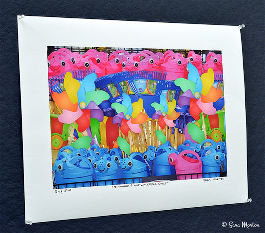 Fine Art Print | Gardening Wall Art | Rainbow Pinwheels | Kids Gardening tools | 18in x 12in Fine Art Paper Print | Happy