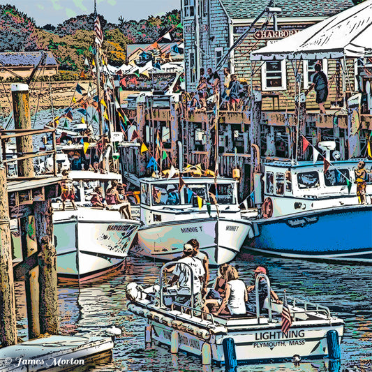 Plymouth MA Harbor scene art print with boats and people, including a boat named 'Lightning' from Plymouth, Waterfront Festival