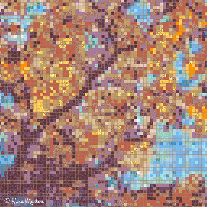 Close-up of digital autumn tree mosaic showing sienna branches and russet and gold leaves, revealing detail of individual tile images.