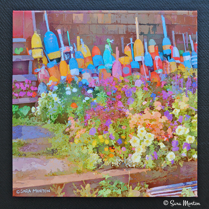 Rockport MA Lobster Buoys Art Print, Flower Garden - Canvas 16 x 16 Stretched -Ready to Ship
