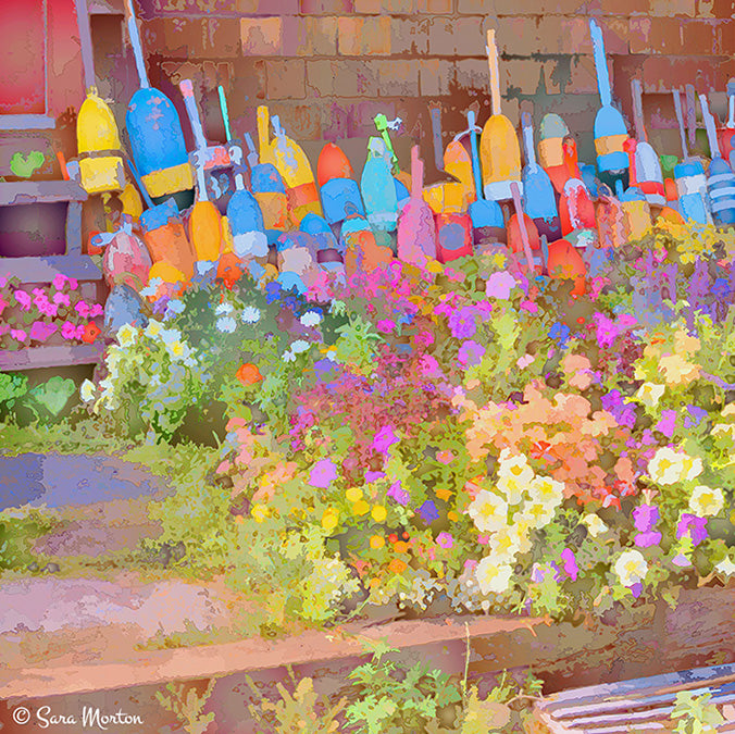 Rockport MA Lobster Buoys Art Print, Flower Garden - Canvas 16 x 16 Stretched -Ready to Ship