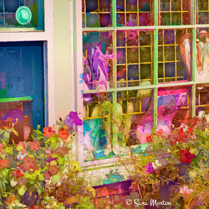 Rockport MA art print shop window with colorful abstract reflections, warm floral garden in Bearskin Neck