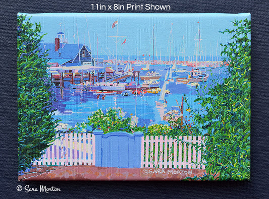 Rockport Massachusetts harbor canvas print 11x8 with boats docked at inlet and white picket fence