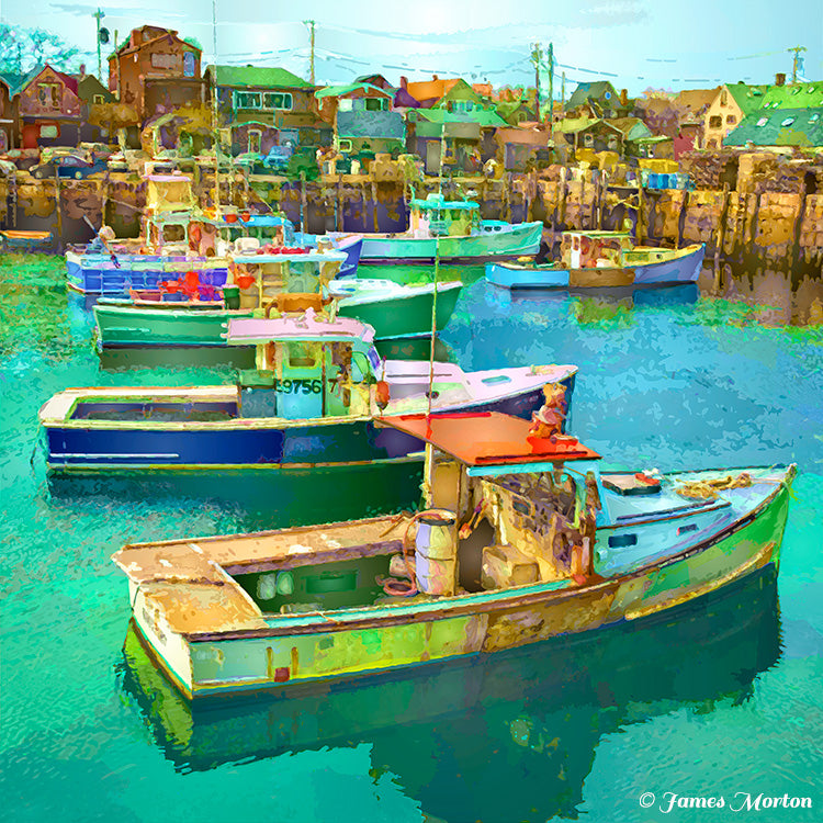 Lobster boats docked along T-Wharf in Rockport Harbor, Massachusetts, with green-blue water, a golden seawall, and Bearskin Neck cottages in the background.