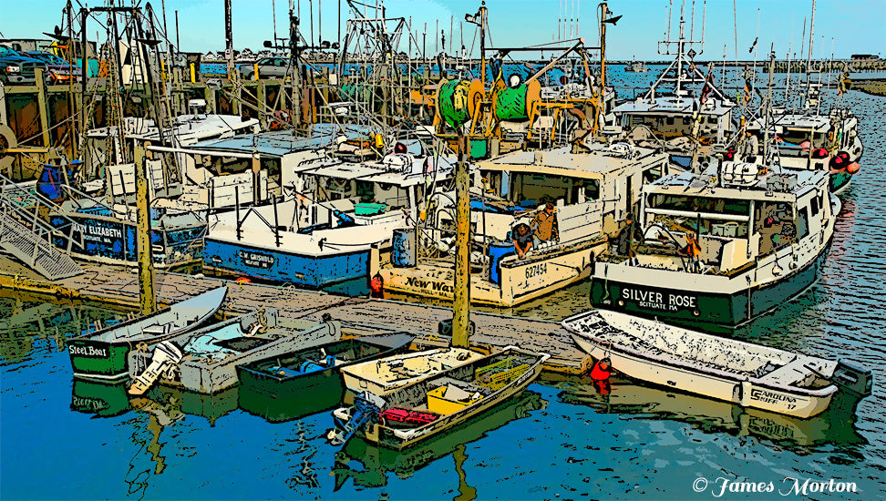 Digital Woodcut of fishing boats docked at Scituate MA pier, with fishermen, rigging, and calm blue reflective water under a light cyan sky.