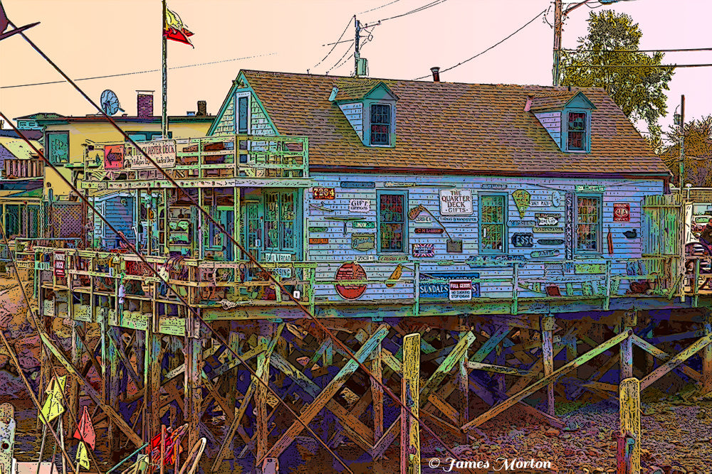 Digital woodcut of The Quarter Deck Gifts in Scituate Harbor, Massachusetts, showing the rear of the shop on pilings over the water in a nostalgic coastal scene.