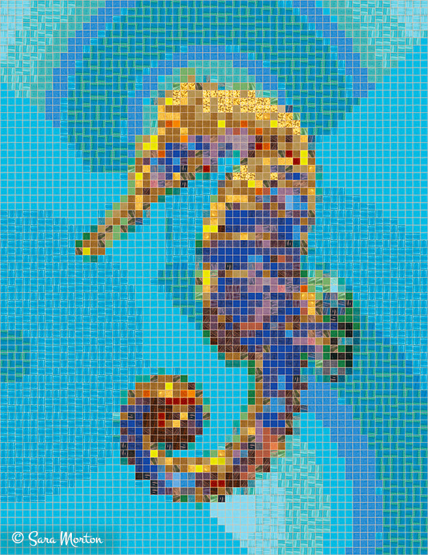 Seahorse three digital mosaic art print with refreshing bright blues and turquoise glass tile pattern in swirling curved design evoking the essence of water in an abstract way