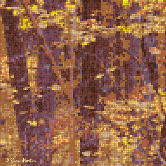 Close-up detail of glass tile photo mosaic showing intricate golden yellow and purple square tiles that create the textured autumn tree artwork