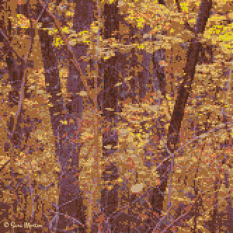 Sienna Trees autumn landscape mosaic art print featuring golden yellow and deep purple glass tiles forming New England fall foliage trees