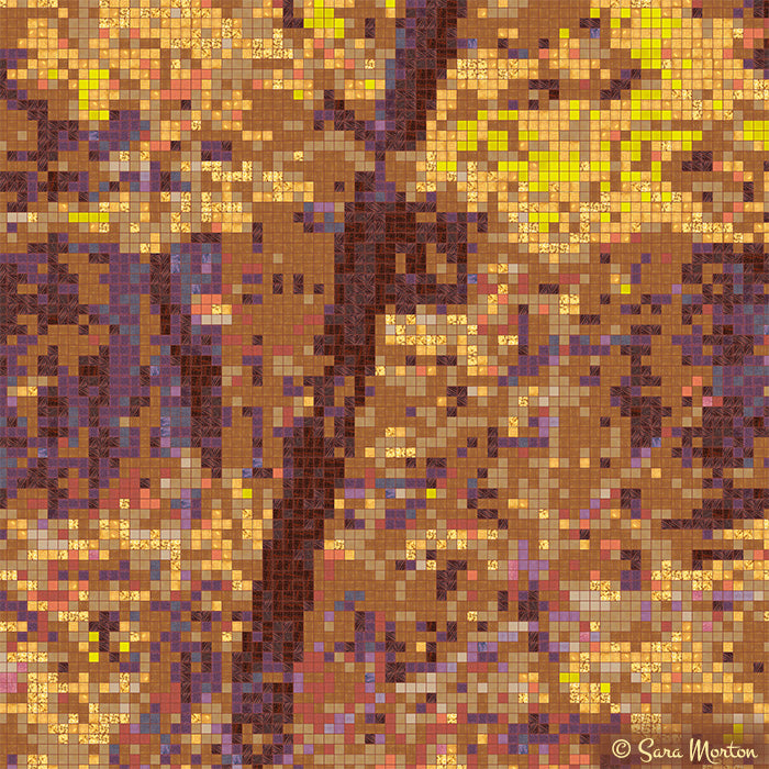 Close-up detail of “Sienna Trees Two” mosaic showing glass-tile texture, golden foliage, and violet tree trunks from the digital mosaic artwork by Sara Morton.