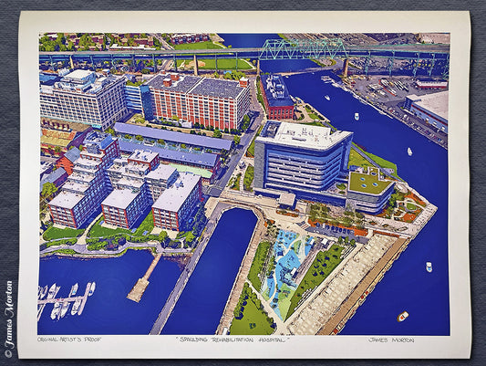 Spaulding Rehabilitation Hospital Charlestown Boston MA Fine Art Print on Watercolor Paper aerial view with harbor and waterfront.