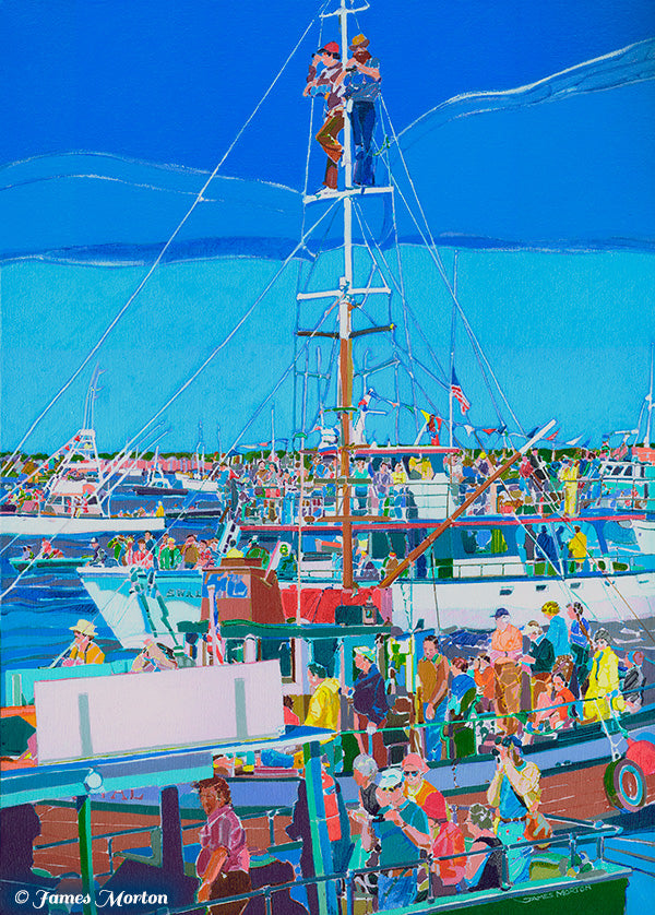 Painting of tall ships celebration in Boston Harbor, Ma with spectators on board numerous ships.