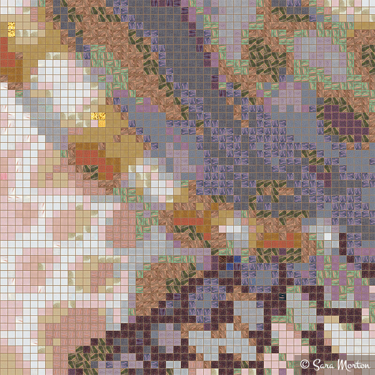 Close-up detail of layered seashells from “Spotted Shells” digital mosaic artwork highlighting spotted textures and warm neutral tones.