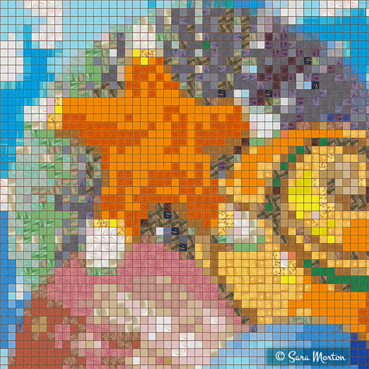 Close-up detail of seashell mosaic showing glass tile squares forming orange starfish, spiral shells, and sea creatures in bright blues, oranges, and pinks