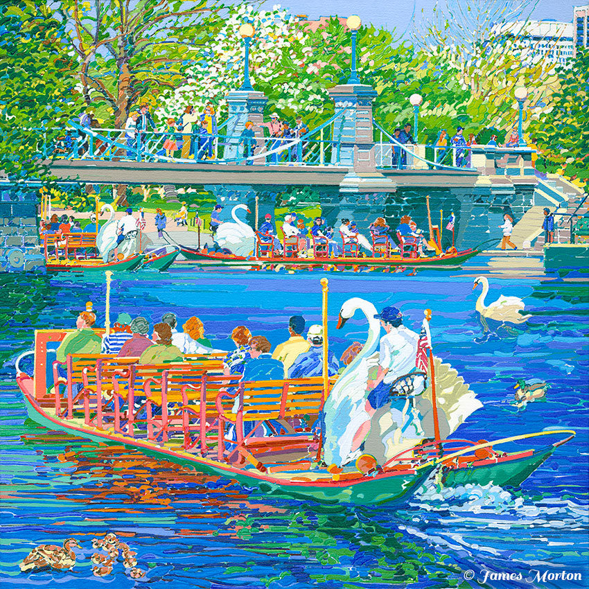 Swan Boats at Boston Public Garden with Lagoon Bridge in the background. Original Painting by Artist James Morton.