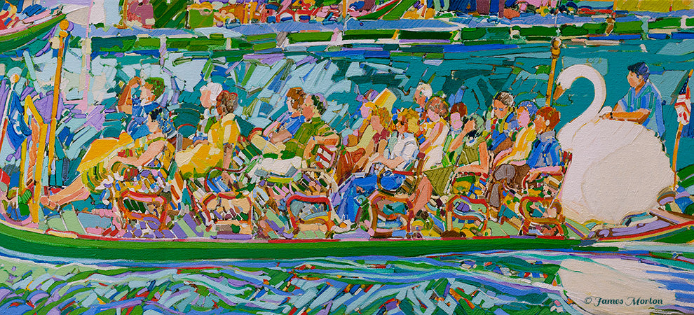 Panoramic painting of Boston Public Garden Swan Boat on the lagoon with passengers, by artist James Morton