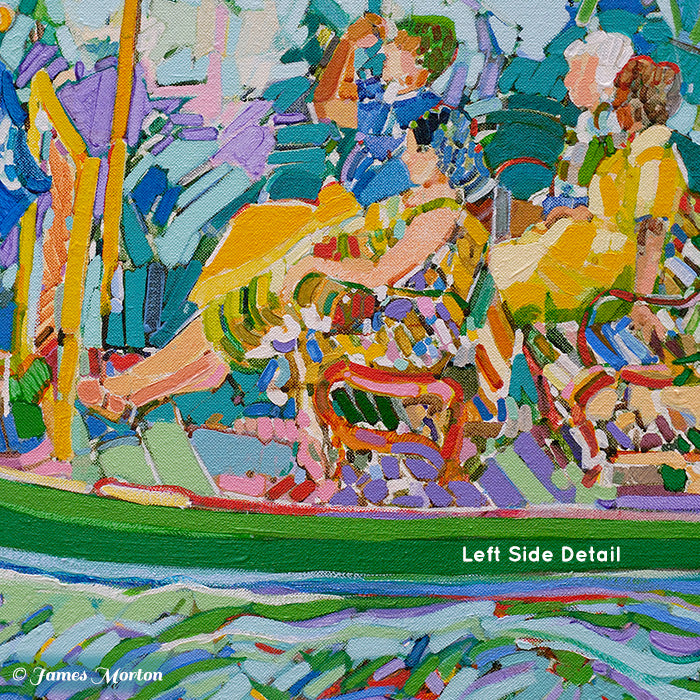 Close-up of Swan Boat passengers in Boston Public Garden lagoon painting with expressive brushstrokes