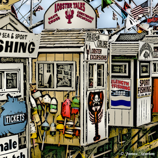 Plymouth MA woodcut art print detail of a lobster-themed ticket booth tourist attraction with signs and buoys.