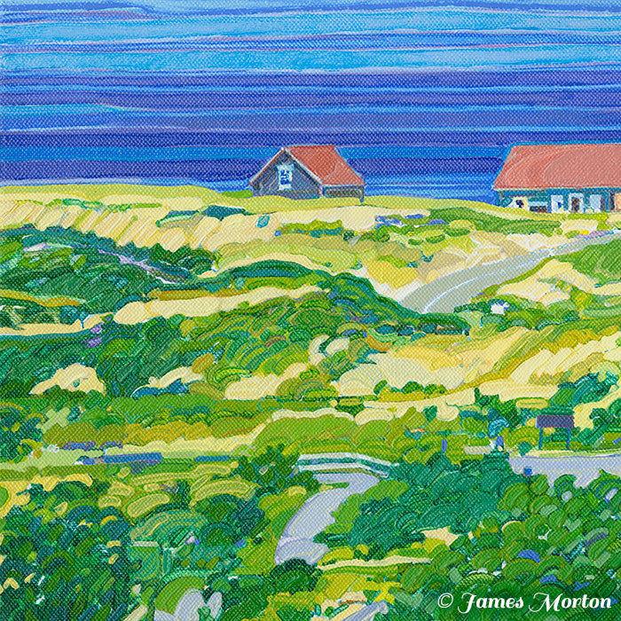 Detail of Truro Horizon painting showing coastal dunes, shoreline cottages, and brushstroke texture of the fine art giclée canvas print