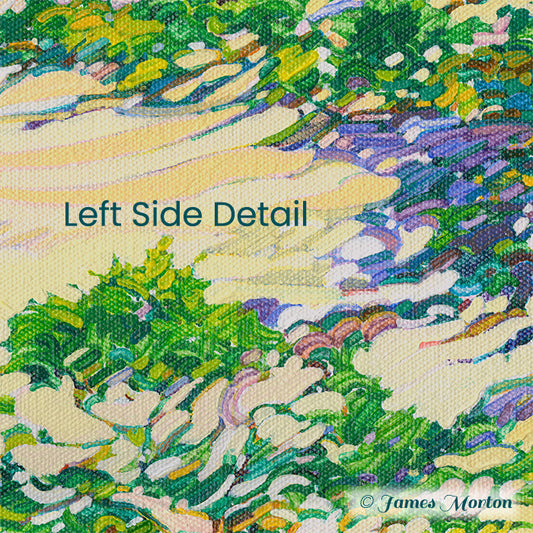 Close-up detail of Truro MA sunrise painting showing sand dunes and coastal plants of cape cod with visible brushstrokes and painting texture on the left side.