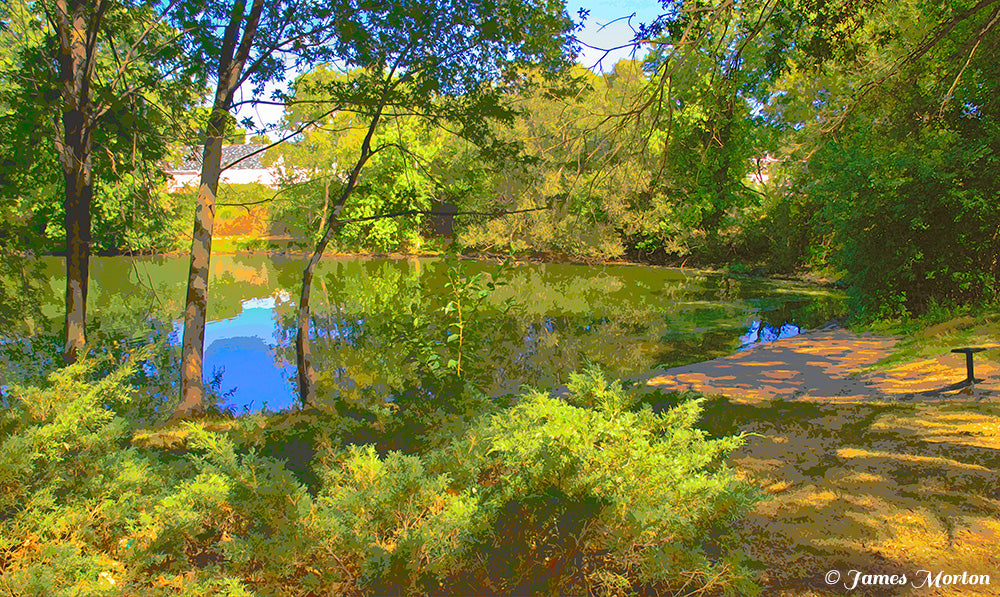 Turner's Pond art print showing vibrant green trees surrounding quiet waters with sky and foliage reflections, Milton MA