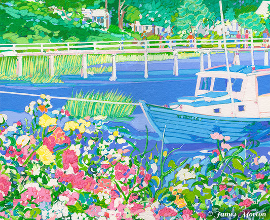 Cape Cod tidal marsh in Wellfleet Harbor painting detail showing boat, wildflowers and texture