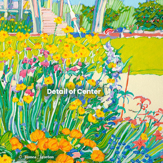 Detail of Wellfleet Harbor flower garden painting showing boardwalk, flowers and painting texture in Cape Cod tidal marsh