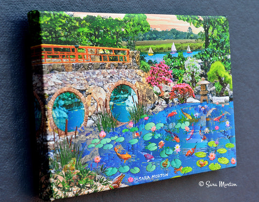 Koi Fish Pond Art Print of Water Lilies Lily Pads - 12in x 8in Stretched Canvas - Japanese Water Garden with Stone Bridge, Bonsai Plants, Frogs