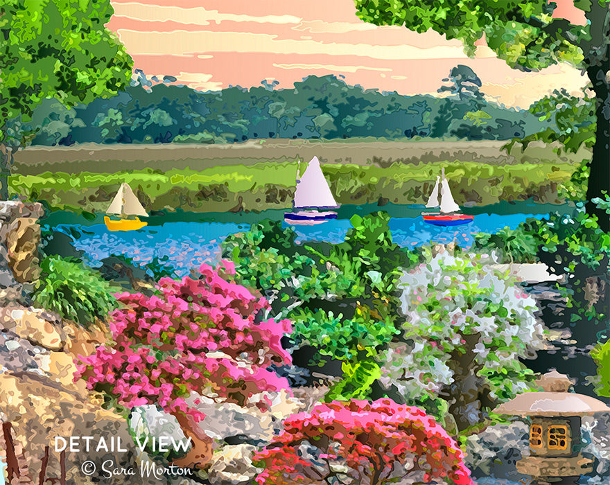 Detail of Wishing Fish Pond showing distant sailboats drifting along a river beneath a glowing sunset sky in the Japanese garden scene