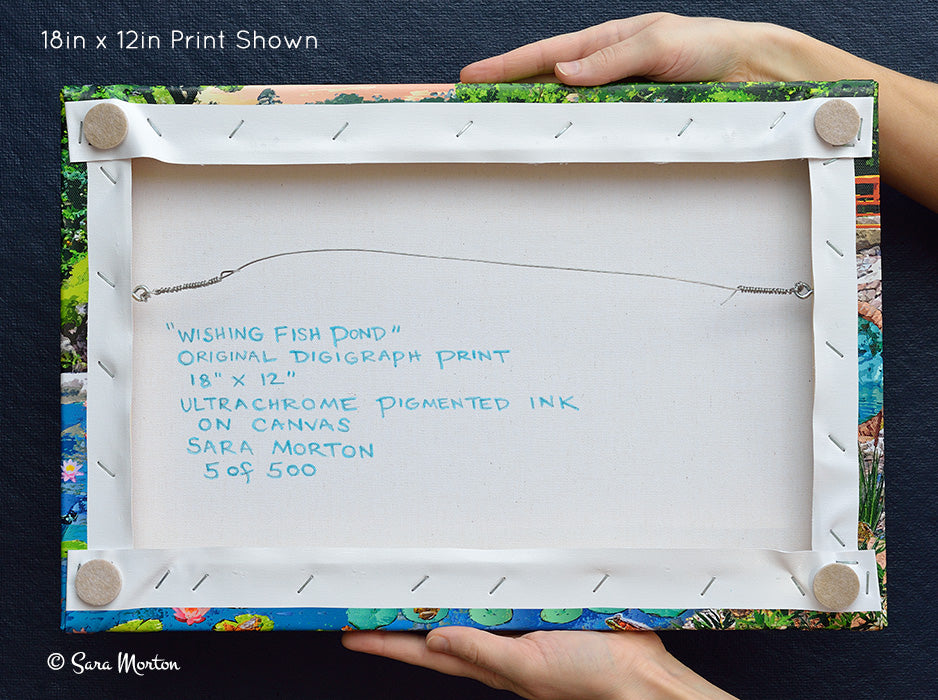 Back of Wishing Fish Pond 18x12 inch canvas giclée print, hand-signed, titled, and numbered by Sara Morton.