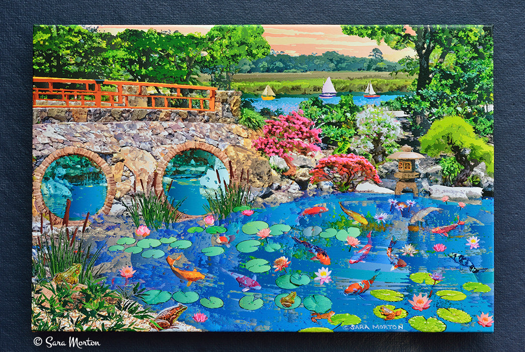 Front view of Wishing Fish Pond 18x12 inch stretched canvas giclée print by Sara Morton featuring koi pond, stone bridge, and water lilies