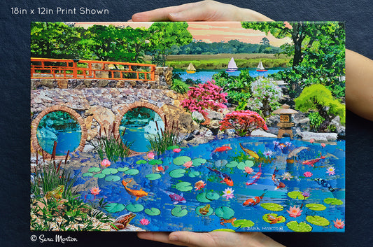 Front view of Wishing Fish Pond canvas print held for scale, showing koi pond, water lilies, and stone bridge in Japanese garden scene.