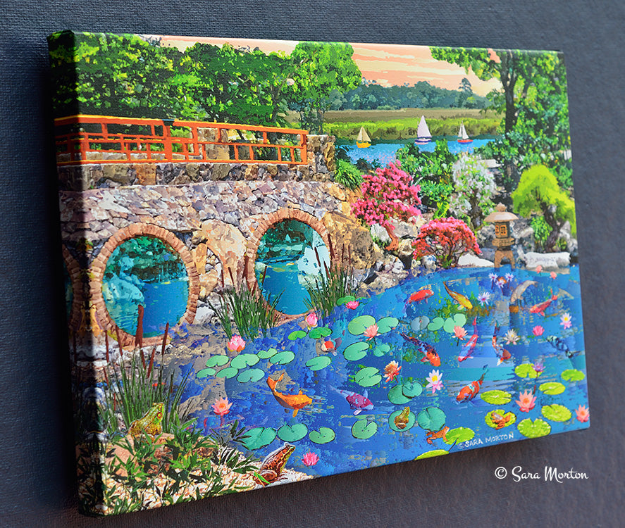 Left side view of Wishing Fish Pond 18x12 inch stretched canvas print showing wrapped edges of the koi pond and bridge artwork.