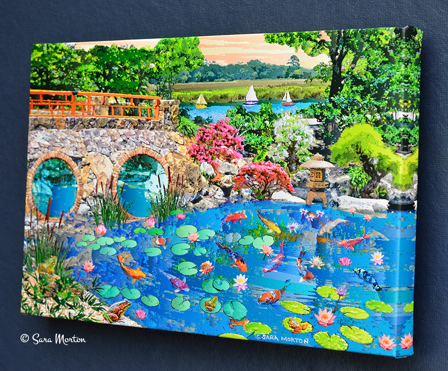 Right side view of Wishing Fish Pond stretched canvas print by Sara Morton, showing wrapped edges and koi pond with stone bridge details