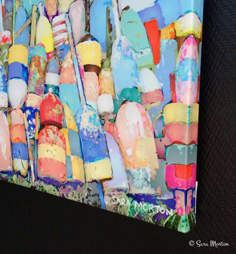 Lobster Buoys Canvas Print, right corner image wrap detail. Contemporary digital watercolor, pastel color palette.