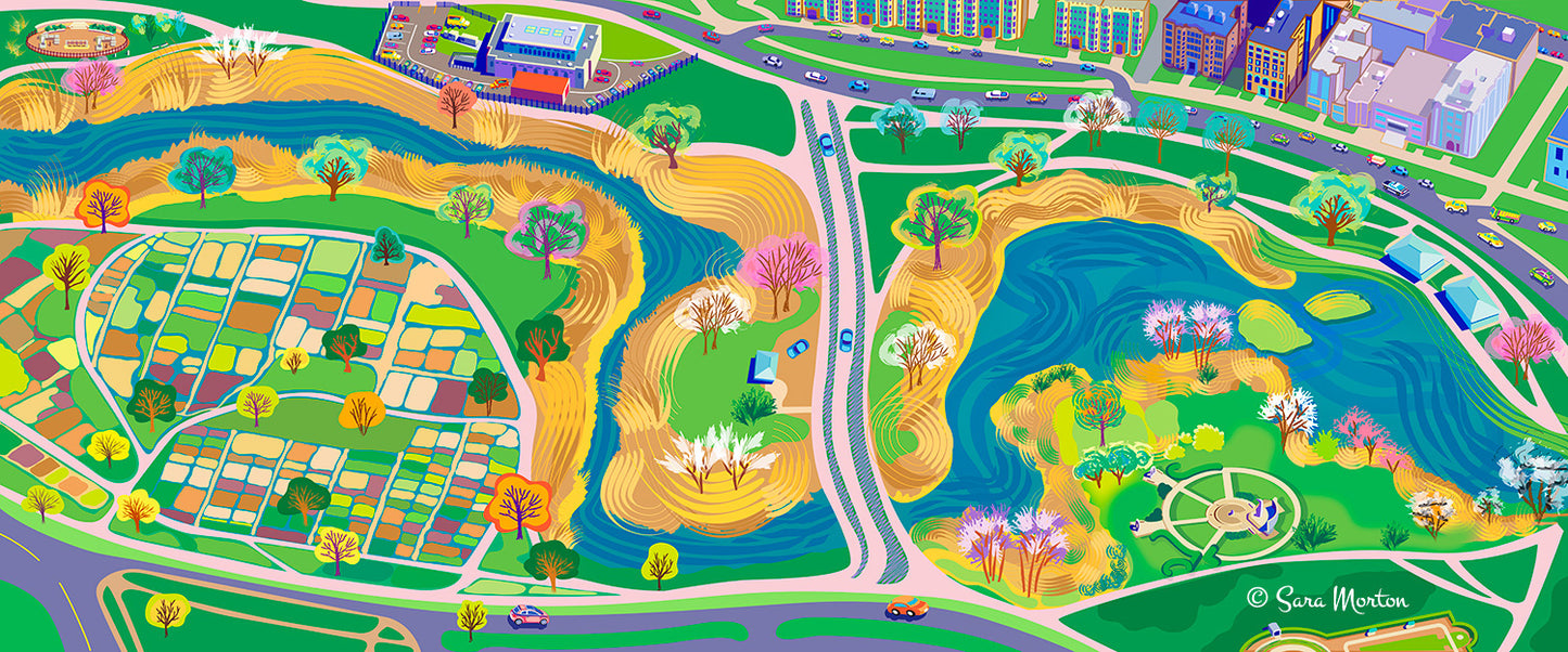 Original Vector Art Print of Boston's Back Bay Fens