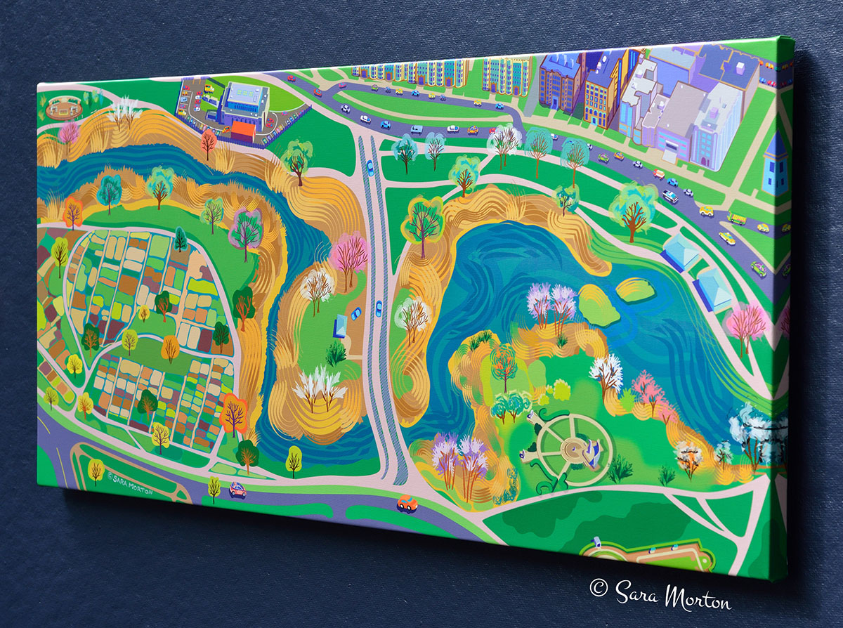 Landscape canvas print of historic Fenway Victory Gardens and Boston Back Bay Fens Park. Artistic depiction of Boston's charming neighborhood.